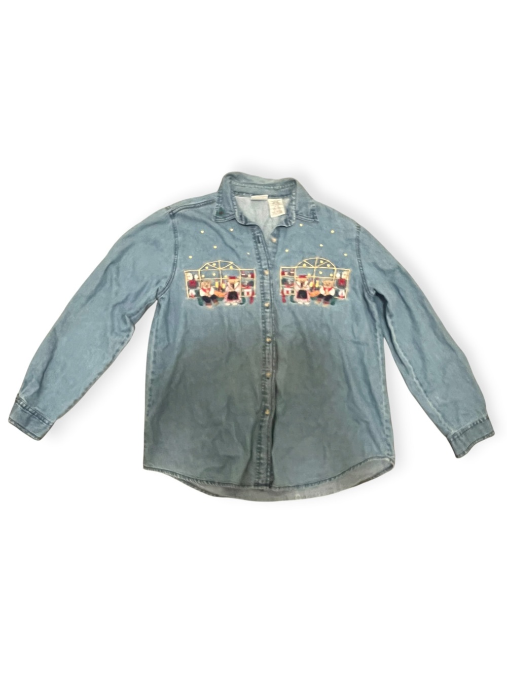 Vintage 90s Christmas Bobbie Brooks Embroidered Denim Button-Up Shirt Medium